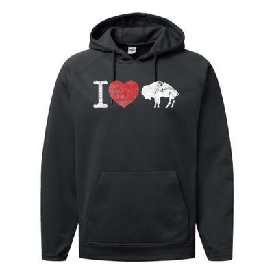 I Love Buffalo Vintage Buffalo With Bison Performance Fleece Hoodie