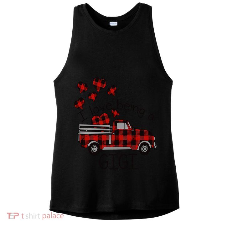 I Love Being Gigi Red Plaid Truck Hearts Valentine's Day Ladies PosiCharge Tri-Blend Wicking Tank