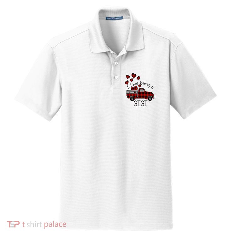 I Love Being Gigi Red Plaid Truck Hearts Valentine's Day Dry Zone Grid Polo
