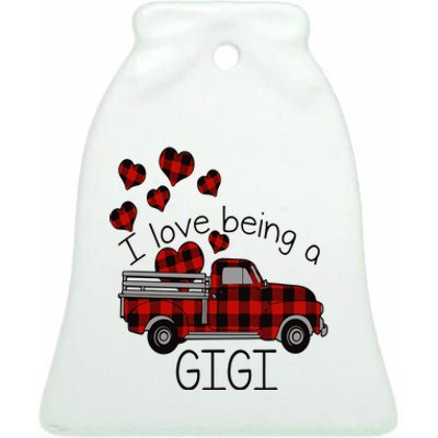 I Love Being Gigi Red Plaid Truck Hearts Valentine's Day Ceramic Bell Ornament