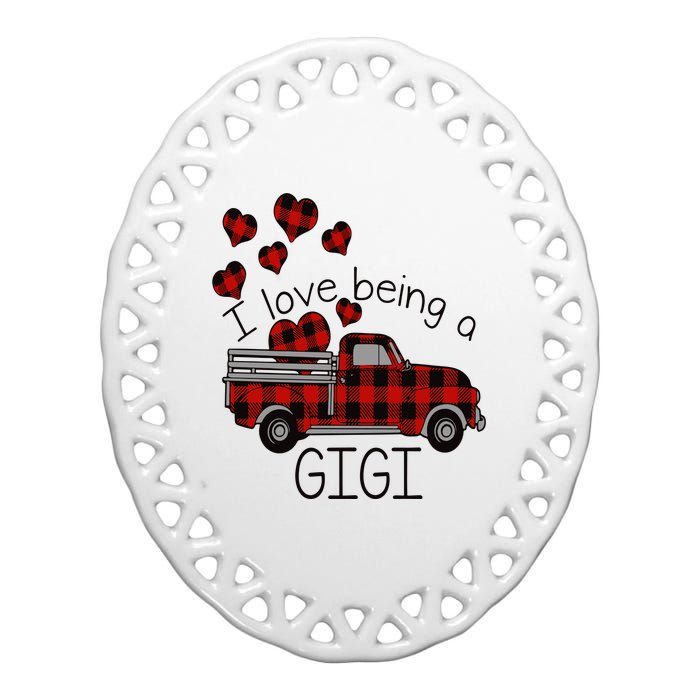 I Love Being Gigi Red Plaid Truck Hearts Valentine's Day Ceramic Oval Ornament