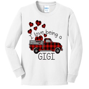 I Love Being Gigi Red Plaid Truck Hearts Valentine's Day Kids Long Sleeve Shirt