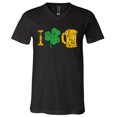 I Love Beer Four Leaf Clover St Patricks Day V-Neck T-Shirt