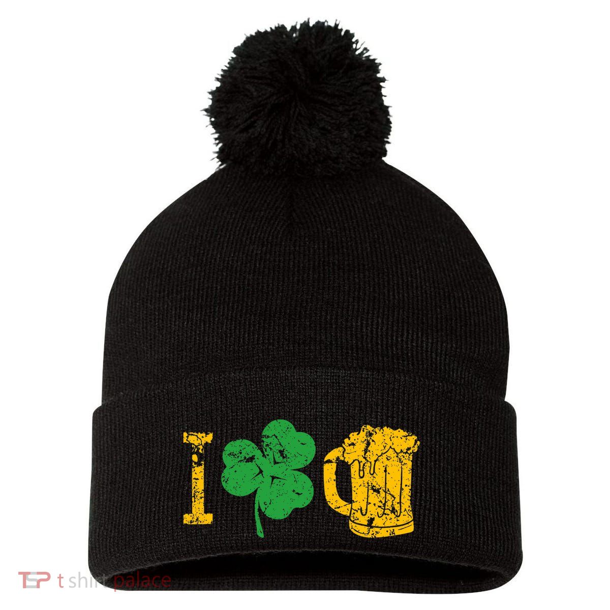 I Love Beer Four Leaf Clover St Patricks Day Pom Pom 12in Knit Beanie