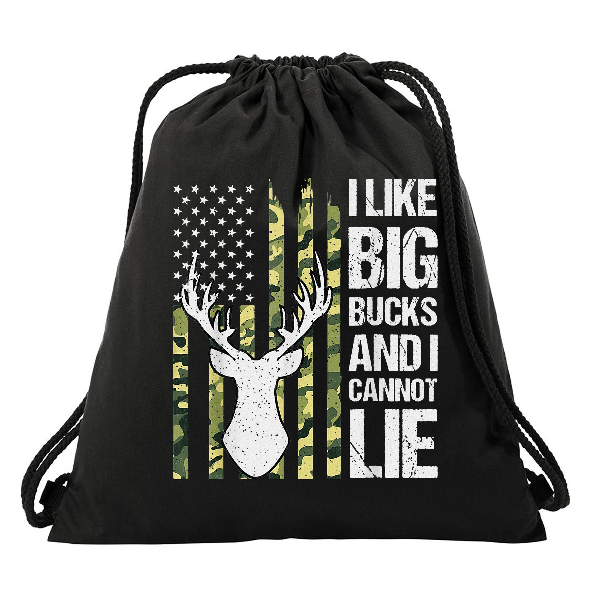 I Like Big Bucks and I Cannot Lie Deer Hunting USA Flag Drawstring Bag