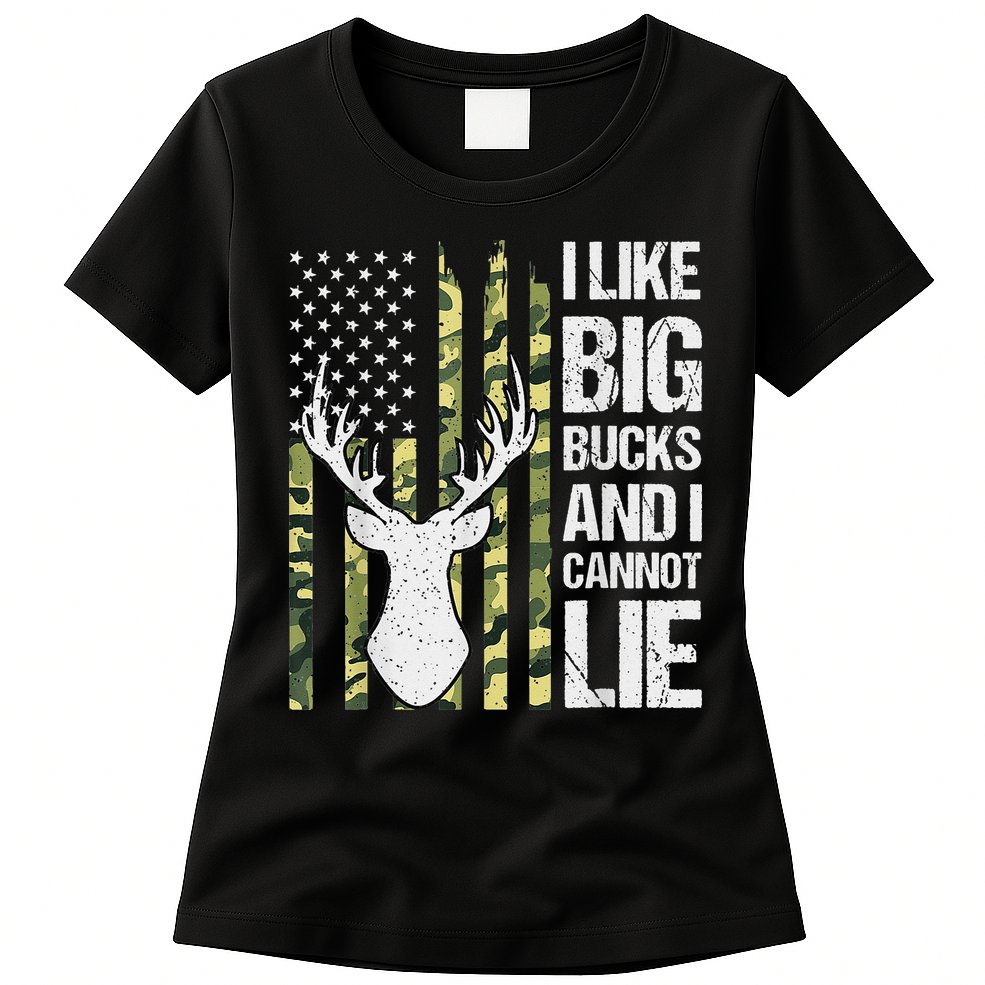 I Like Big Bucks and I Cannot Lie Deer Hunting USA Flag Womens T-Shirt