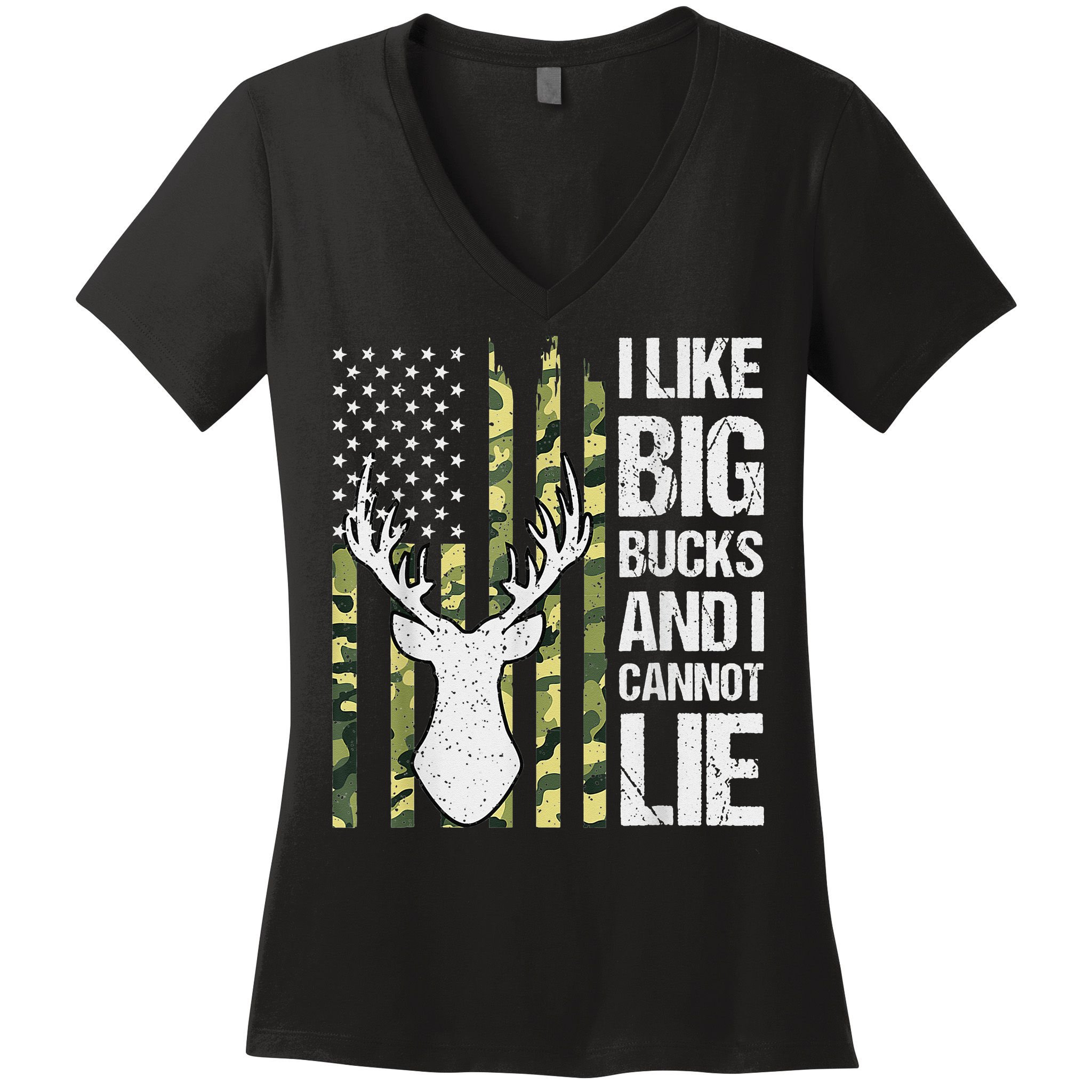 I Like Big Bucks and I Cannot Lie Deer Hunting USA Flag Women's V-Neck T-Shirt