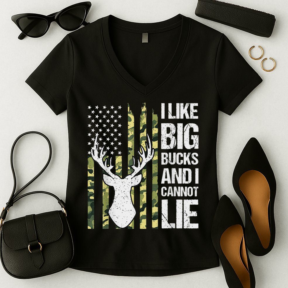 I Like Big Bucks and I Cannot Lie Deer Hunting USA Flag Women's V-Neck T-Shirt