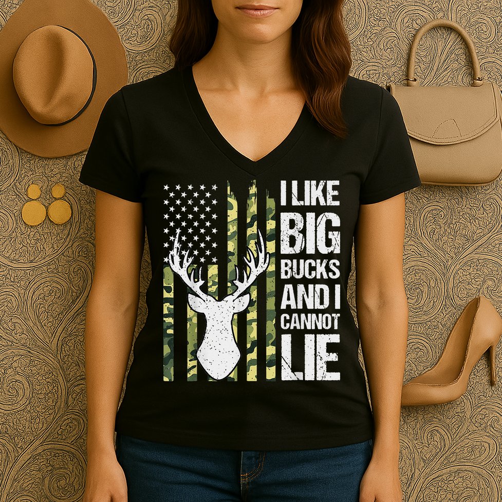 I Like Big Bucks and I Cannot Lie Deer Hunting USA Flag Women's V-Neck T-Shirt