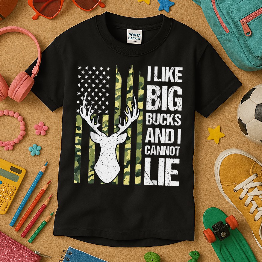 I Like Big Bucks and I Cannot Lie Deer Hunting USA Flag Kids T-Shirt