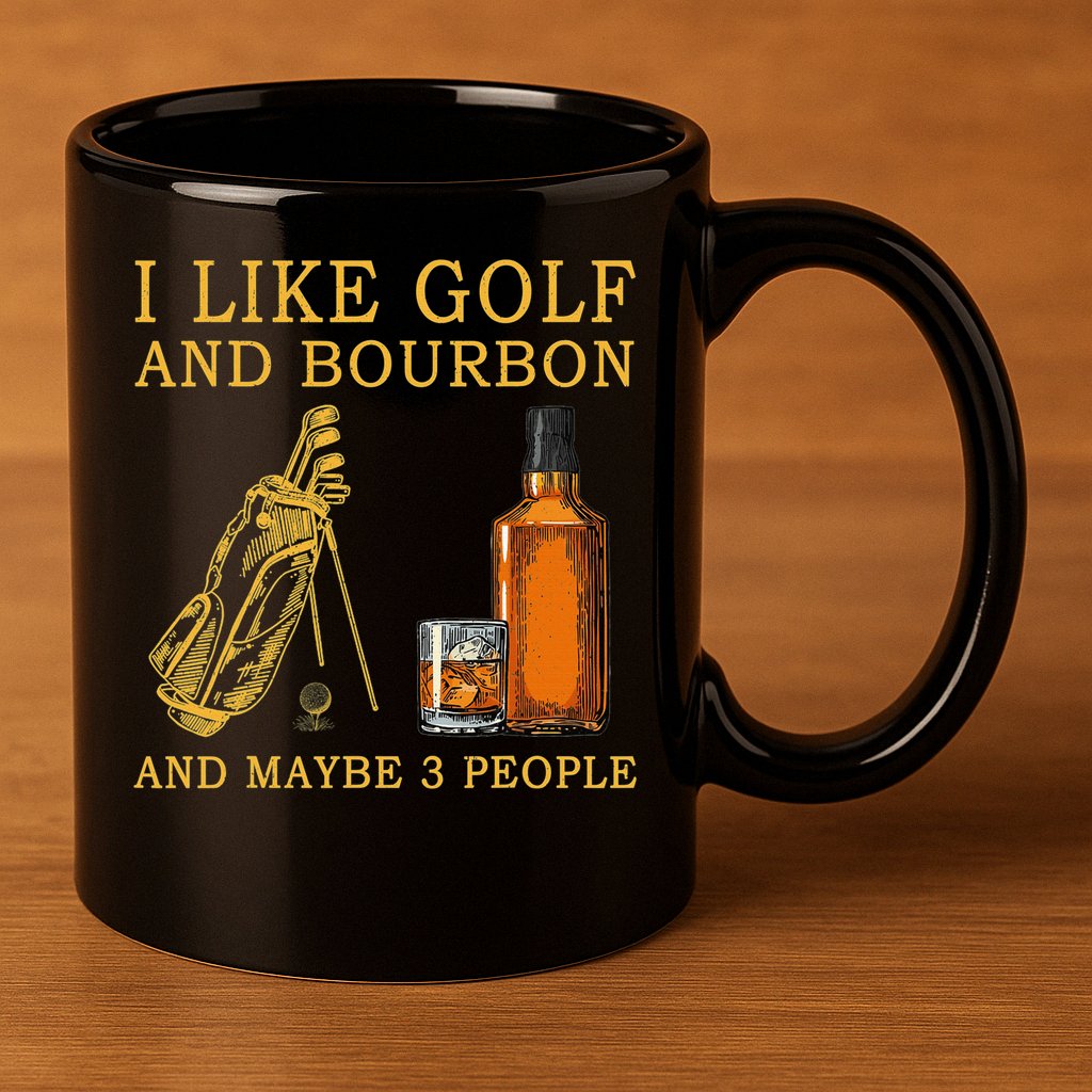 I Like Bourbon and Golf and Maybe 3 People Whiskey Gift 11oz C Handle Ceramic Mug