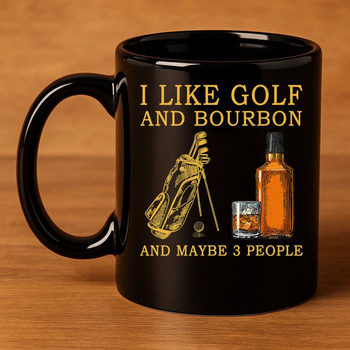 I Like Bourbon and Golf and Maybe 3 People Whiskey Gift 11oz C Handle Ceramic Mug