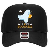 I Love Booooks Cute Ghost Reading Books Halloween Teacher High Crown Mesh Back Trucker Hat