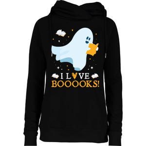 I Love Booooks Cute Ghost Reading Books Halloween Teacher Womens Funnel Neck Pullover Hood