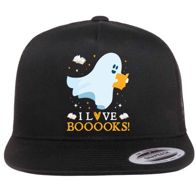 I Love Booooks Cute Ghost Reading Books Halloween Teacher Flat Bill Trucker Hat