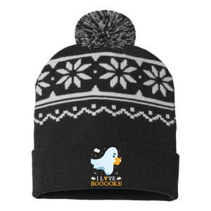 I Love Booooks Cute Ghost Reading Books Halloween Teacher USA-Made Snowflake Beanie