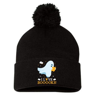 I Love Booooks Cute Ghost Reading Books Halloween Teacher Pom Pom 12in Knit Beanie