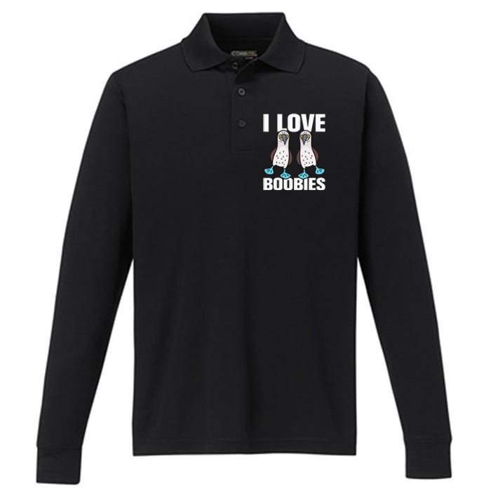 I Love Boobies Bluefooted Boobie Bird Funny Performance Long Sleeve Polo