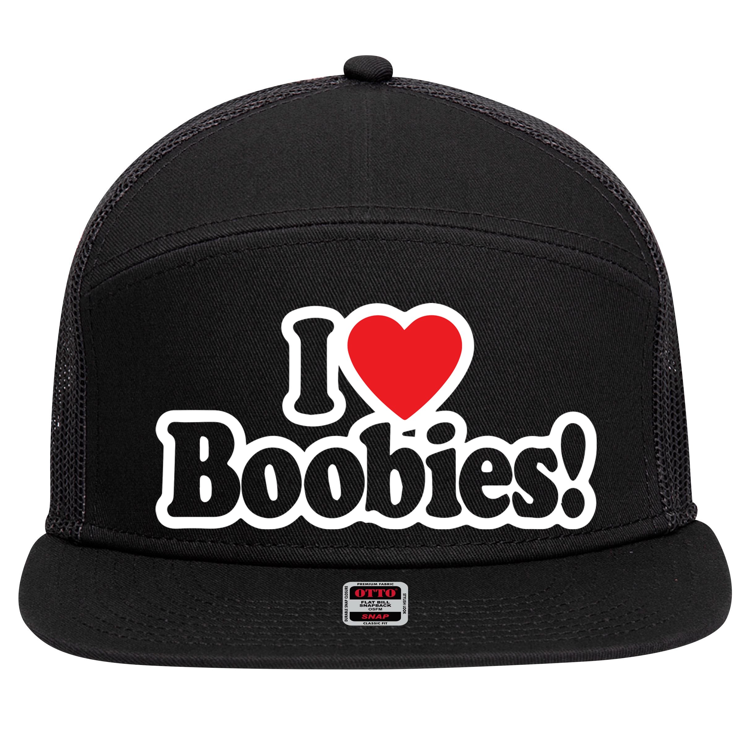 I Love Boobies Heart Boobs Breasts Awareness Cancer Breast Joke Big Boob 7 Panel Mesh Trucker Snapback Hat