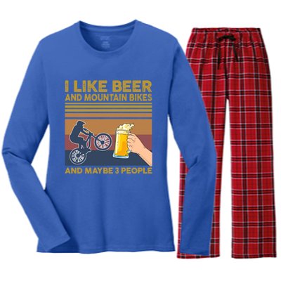 I Like Beer And Mountain Bikes And Maybe 3 People Funny Gift Cute Gift Women's Long Sleeve Flannel Pajama Set 