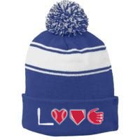 I Love Baseball Player Cute Baseball Pitcher Hitter Catcher Cute Gift Stripe Pom Pom Beanie