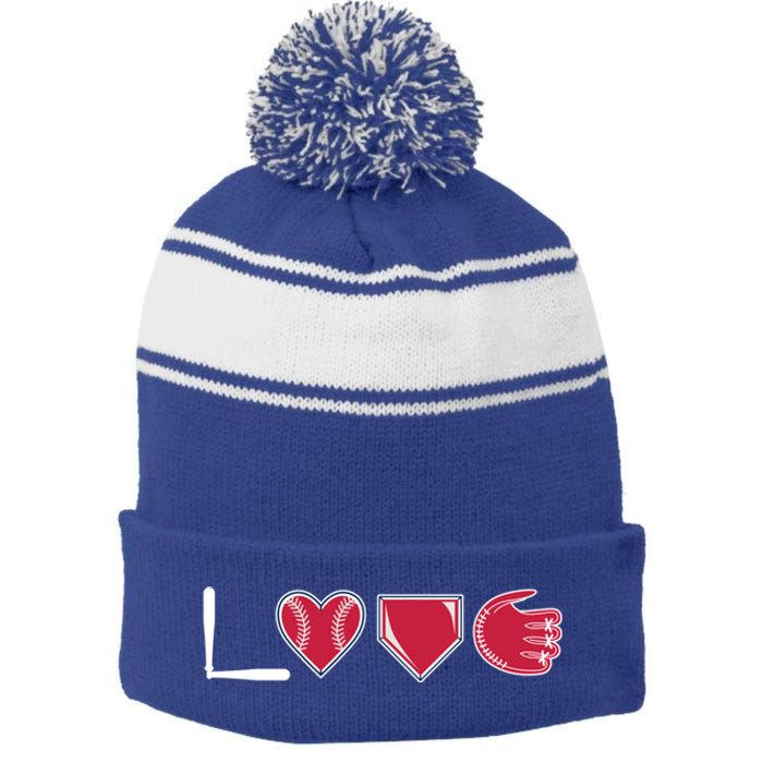 I Love Baseball Player Cute Baseball Pitcher Hitter Catcher Cute Gift Stripe Pom Pom Beanie