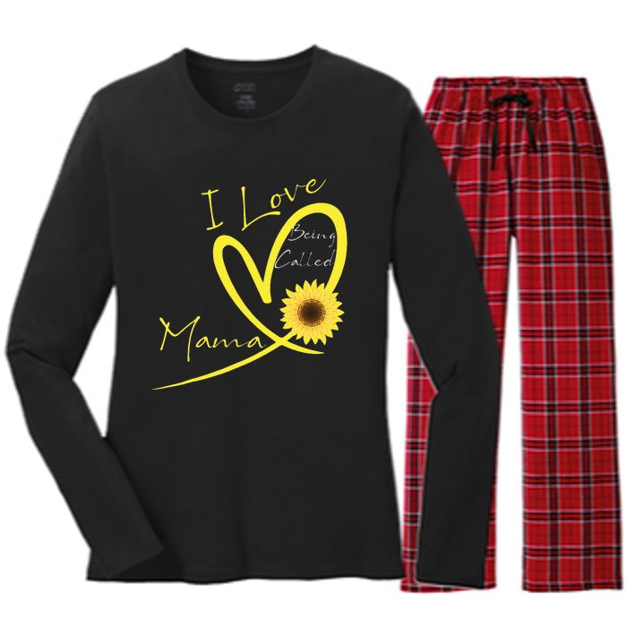 I Love Being Called Mama Sunflower Heart Women's Long Sleeve Flannel Pajama Set 