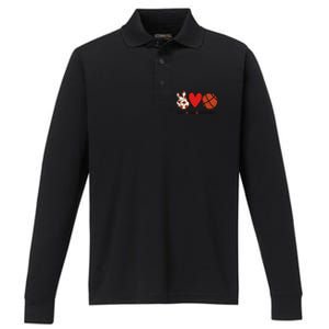 I Love Basketball Funny Gift Heart Peace Love Hippie Sports Fan Gift Performance Long Sleeve Polo