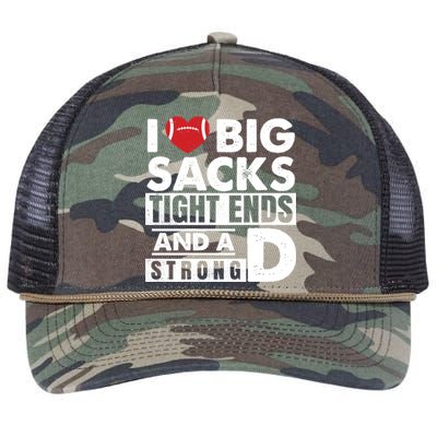 I Love Big Sacks Tight Ends and A Strong D Funny Football Retro Rope Trucker Hat Cap