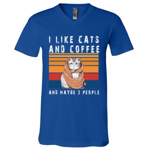 I Like Cats And Coffee And Maybe 3 People Funny Love Cats Cute Gift V-Neck T-Shirt