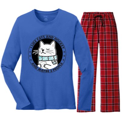 I Like Cats And Hockey And Maybe 3 People 2023 Gift Women's Long Sleeve Flannel Pajama Set 