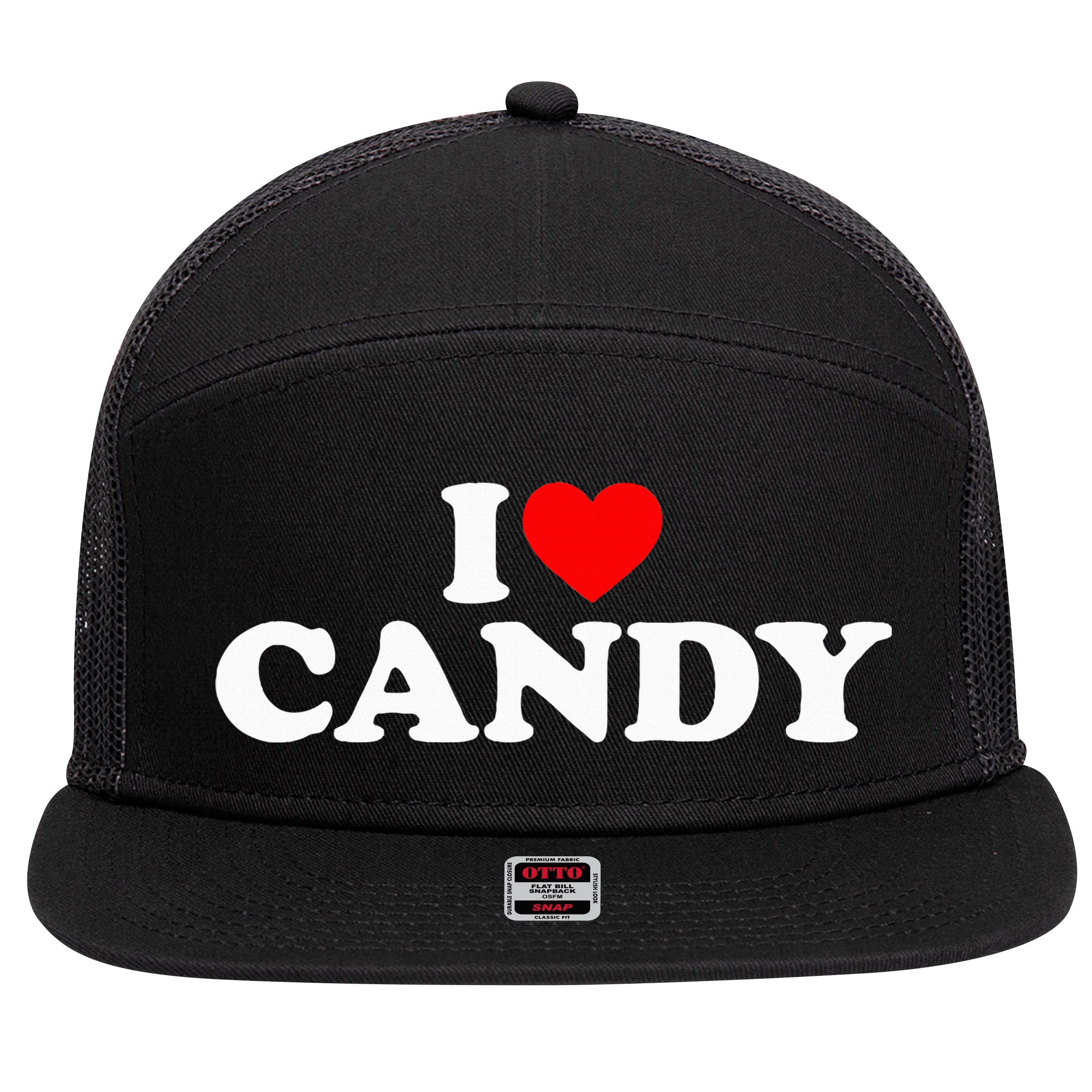 I Love Candy 7 Panel Mesh Trucker Snapback Hat