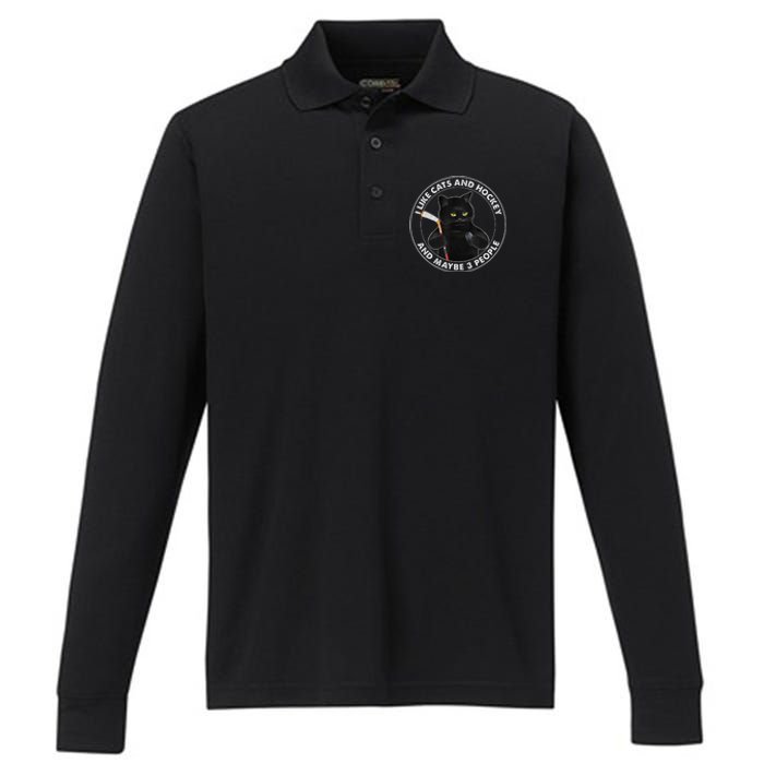 I Like Cats And Hockey And Maybe 3 People Funny Cats Performance Long Sleeve Polo