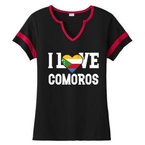 I Love Comoros Flag Patriotic Throwback Souvenir Gift Ladies Halftime Notch Neck Tee