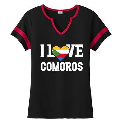 I Love Comoros Flag Patriotic Throwback Souvenir Gift Ladies Halftime Notch Neck Tee