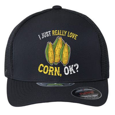 I Love Corn OK Cute And Funny Corn On The Cob Flexfit Unipanel Trucker Cap