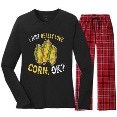 I Love Corn OK Cute And Funny Corn On The Cob Women's Long Sleeve Flannel Pajama Set 