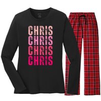 I Love Chris First Name Chris Vintage Women's Long Sleeve Flannel Pajama Set 