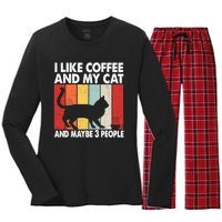 I Like Coffee And My Cat And Maybe 3 People Vintage Women's Long Sleeve Flannel Pajama Set 