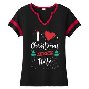 I Love Christmas And My Wife I Snowflakes Xmas Tree Ladies Halftime Notch Neck Tee