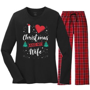 I Love Christmas And My Wife I Snowflakes Xmas Tree Women's Long Sleeve Flannel Pajama Set 