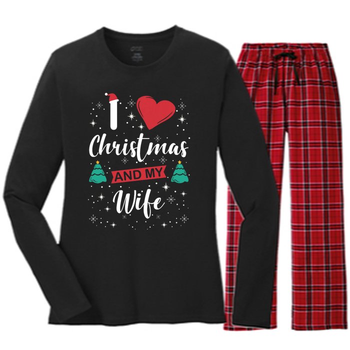 I Love Christmas And My Wife I Snowflakes Xmas Tree Women's Long Sleeve Flannel Pajama Set 