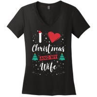 I Love Christmas And My Wife I Snowflakes Xmas Tree Women's V-Neck T-Shirt