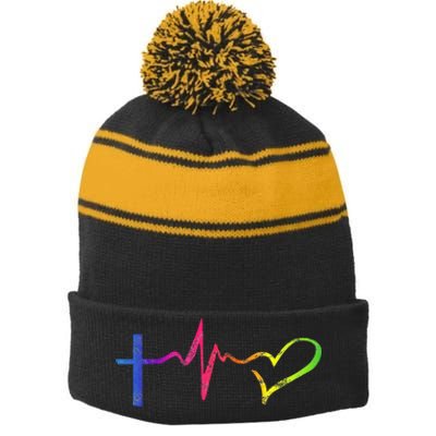 Inspirational Love Christian Heartbeat Scripture Stripe Pom Pom Beanie