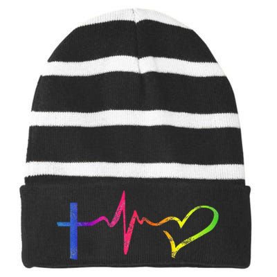 Inspirational Love Christian Heartbeat Scripture Striped Beanie with Solid Band