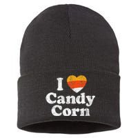 I Love Candy Corn Funny Halloween Retro 80s 70s Costume Sustainable Knit Beanie