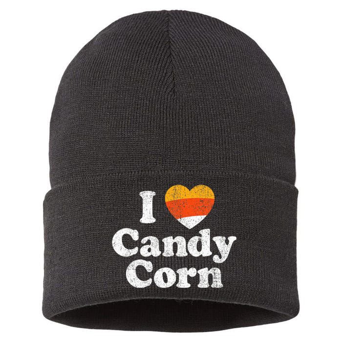 I Love Candy Corn Funny Halloween Retro 80s 70s Costume Sustainable Knit Beanie