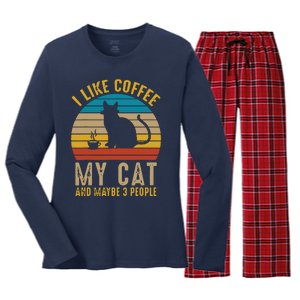 I Like Coffee My Cat And Maybe 3 People Funny Retro Women's Long Sleeve Flannel Pajama Set 