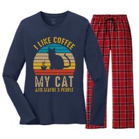 I Like Coffee My Cat And Maybe 3 People Funny Retro Women's Long Sleeve Flannel Pajama Set 