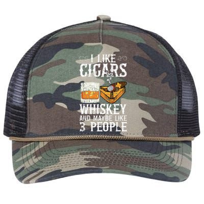 I Like Cigars Whiskey And Maybe 3 People Cigar Lounge Retro Rope Trucker Hat Cap